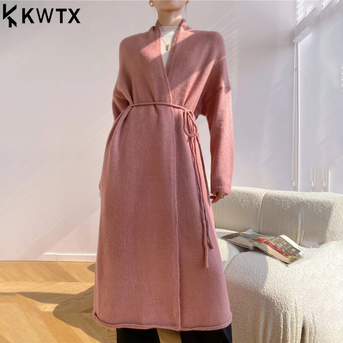 KWTX 2025 New Women's Chic Knit Cardigan Longline V-Neck Belted Waist Solid Color Autumn Winter Cozy Retro Sweater Elegant