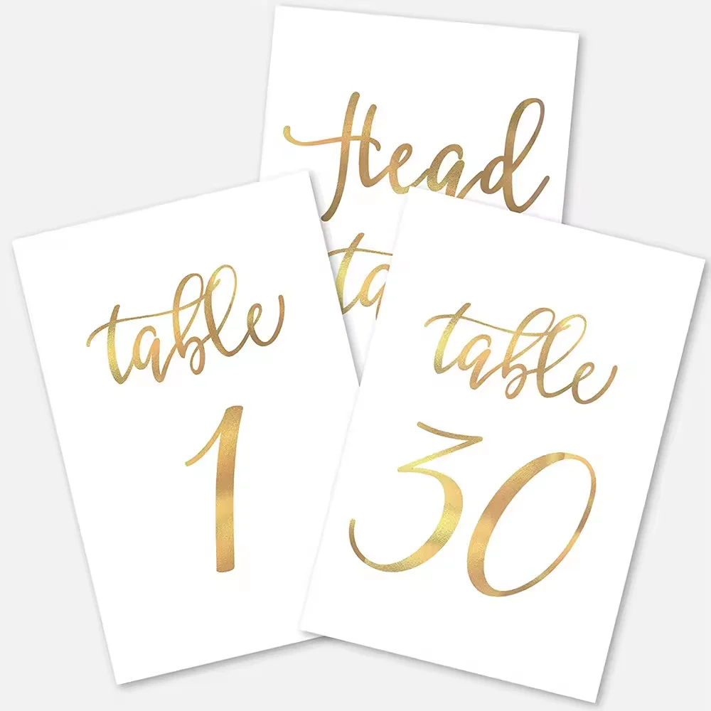 31pcs Number 1-30 Printed Gold Foil Wedding Double Sided Paper Stand Up Table Numbers 31pcs Sliver Foil Cards with Head Table