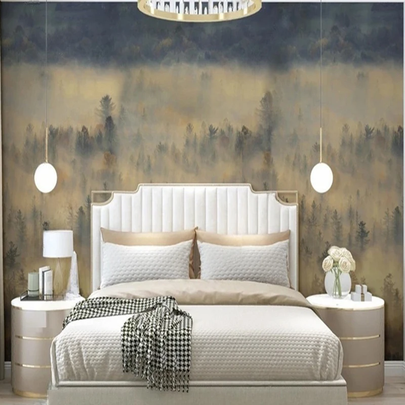 New Chinese-style misty pine forest pine trees meditation Mountain Nature Scenery flying birds TV Sofa Living Room Office