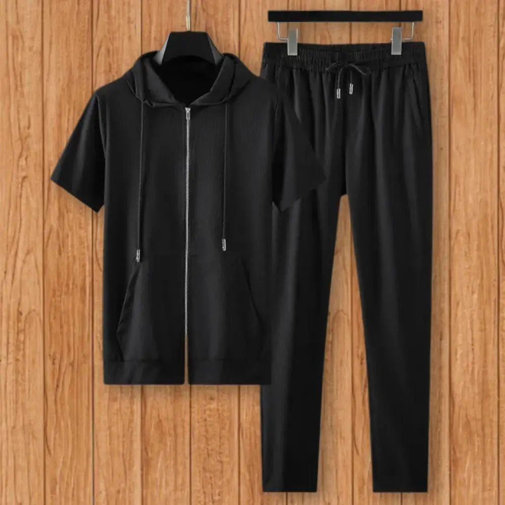 Fashion Long Pants Big Pockets Hooded Soft Fabric Straight Pants Hoodie Trousers Set Men Tracksuit Sweat Absorption