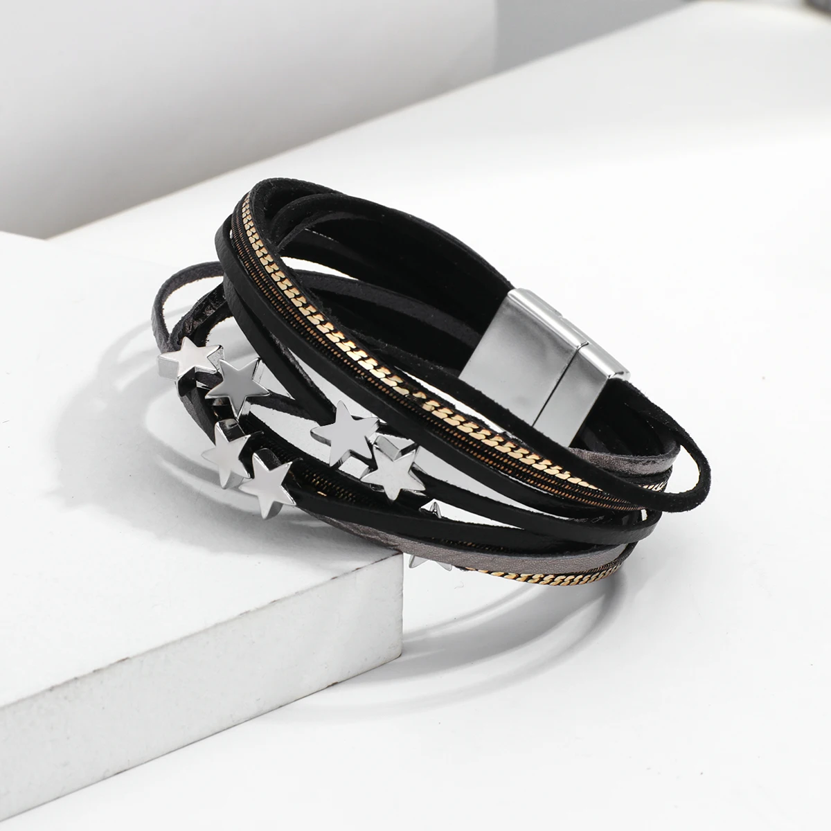 

Amorcome Trendy Star Beads Charm Bracelets for Women Multilayer Slim Strips Leather Wrap Bracelet Famale Summer Jewelry New
