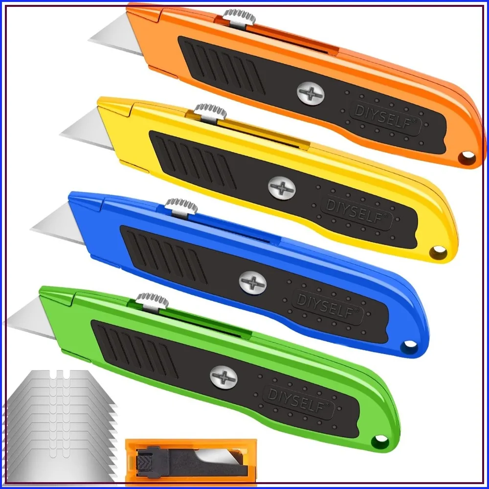 4 Pack Retractable Box Cutters, Utility Knives with 10 Blades, Heavy Duty for Cardboard, Carpet, Paper