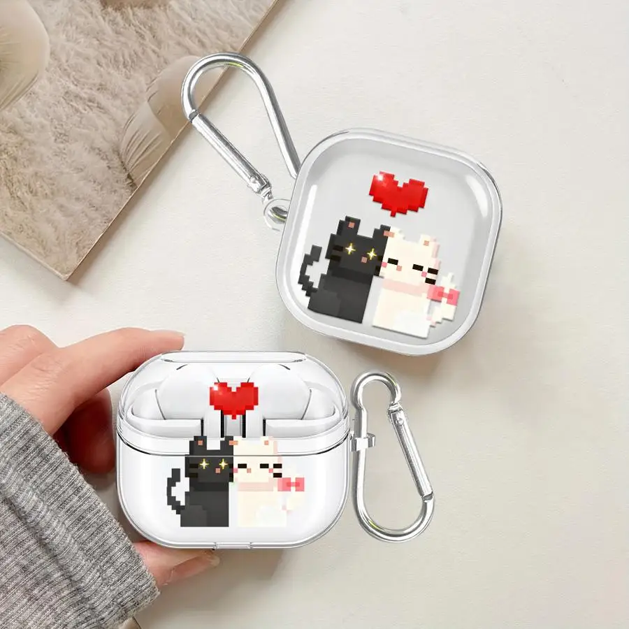 Case For Samsung Galaxy Buds Live 3Pro 2 4Pro 2Pro 3 FE 4 Pro Clear Earphone Cases Cover With Hook Cartoon Love Cat