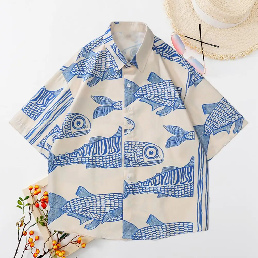 Men Beach Shirt 3D Fish Print Short Sleeves Summer Shirt Turn-down Collar Single-breasted Men Top Male Clothes For Daily Wear