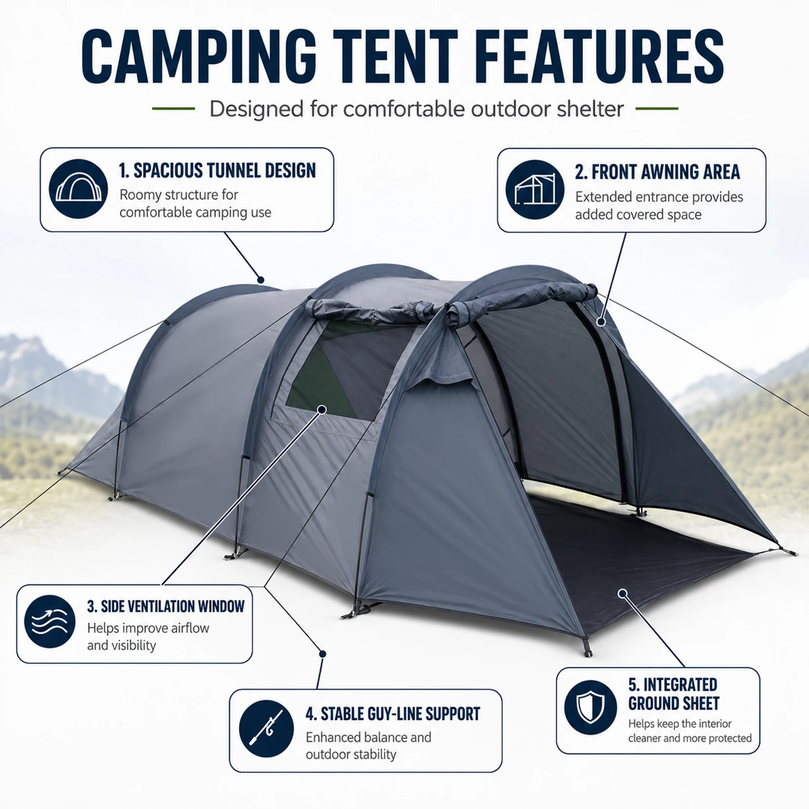 Tente tunnel d'extérieur pour 2-3 personnes, tente de camping double couche avec fenêtre de ventilation et véranda avant pour jardin et bord de mer