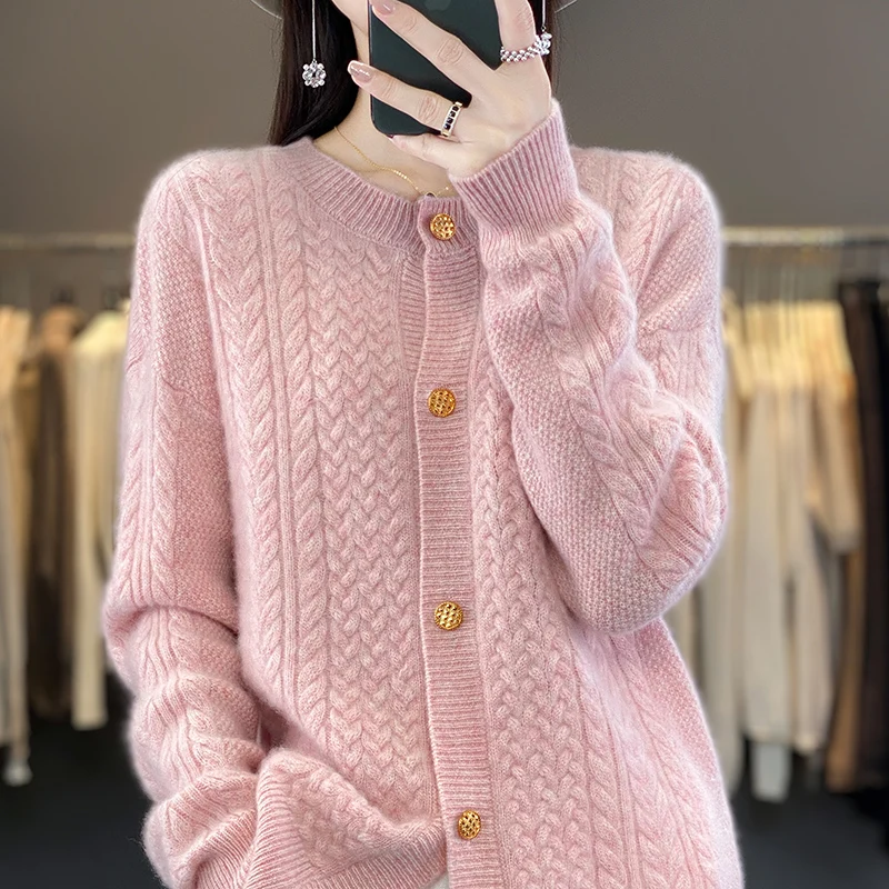 Autumn and winter 100% pure wool cardigan ladies O-neck heavy industry thickened twist solid color knitted cashmere sweater coat