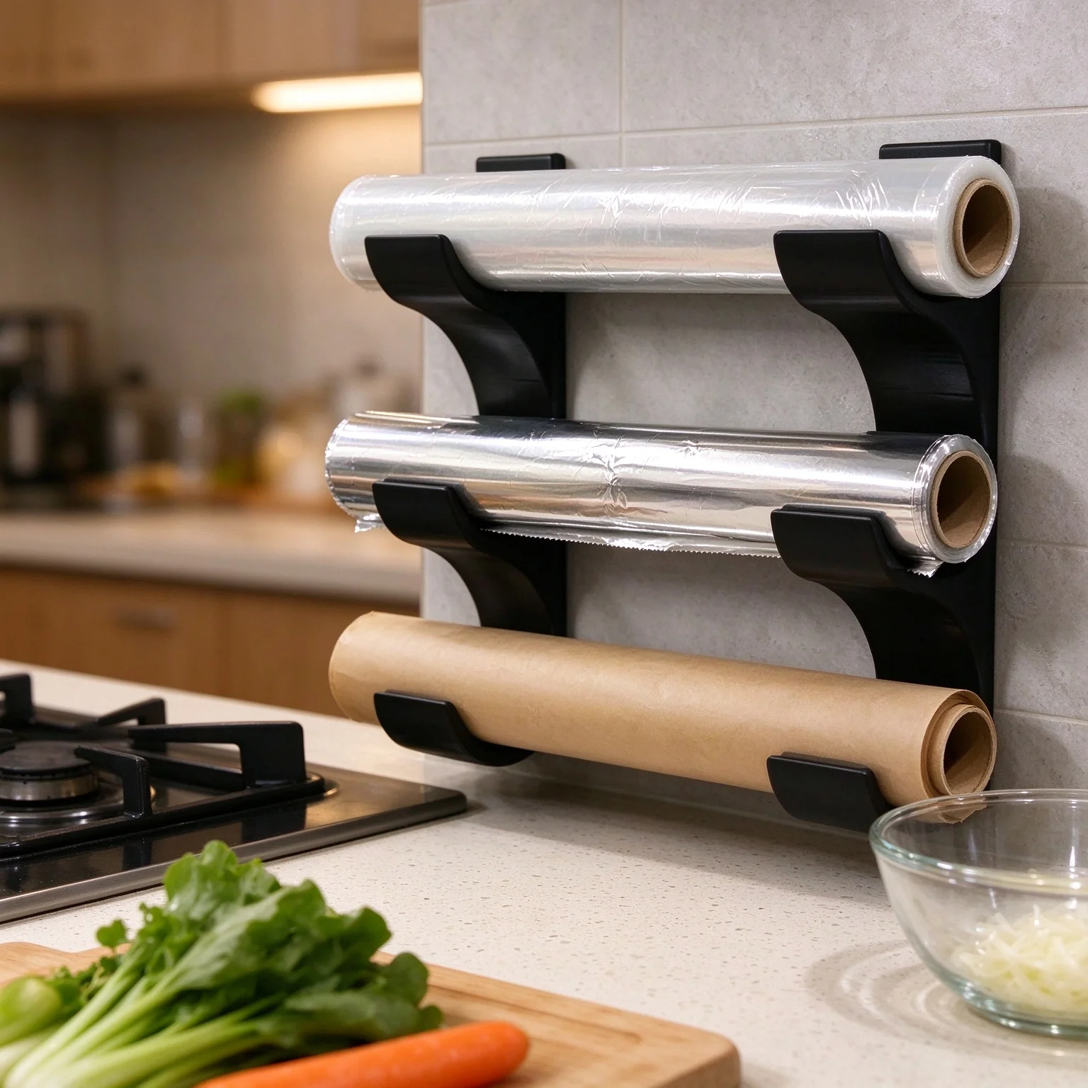 Two-Piece Set Food Wrap Holders, Capable of Holding 3 Rolls of Kitchen Paper, Food Wrap, and Aluminum Foil.