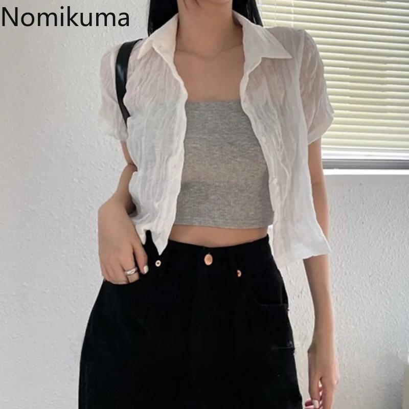 Nomikuma Crop Top Summer Turn Down Collar Pleated Hollow Out T Shirt for Women Vintage Harajuku Fashion Sexy Y2k Streetwear