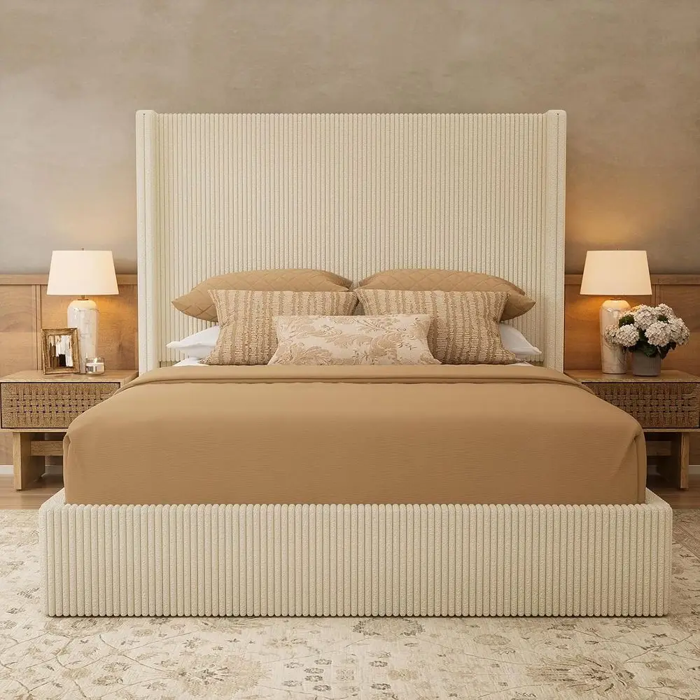 

58 Lit Up Storage Bed with Upholstered Wingback, Hydraulic Support, No Box Spring, Beige Corduroy