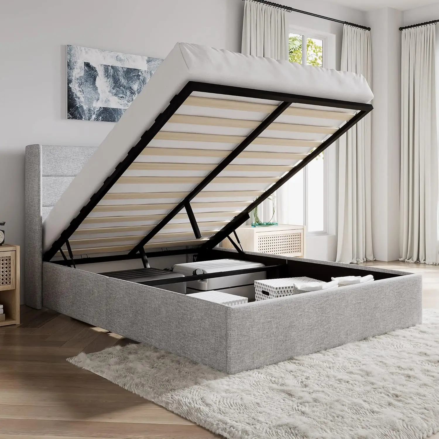 Lift Up Storage Bed/Modern Wingback Headboard/Upholstered Platform Bed Frame/Hydraulic Storage/No Box Spri