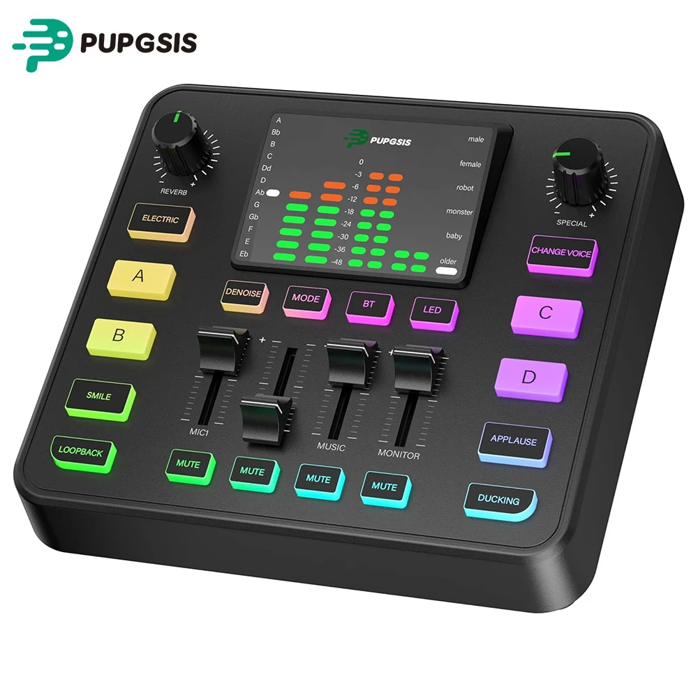 PUPGSIS Audio-Mixer für Streaming – 1/4-Zoll-TRS-Dynamikmikrofon-Schnittstelle, Audio-Interface mit Reverb, 4 benutzerdefinierte Soundeffekte, Sprachwechsler, Geräuschunterdrückung, RGB, nur