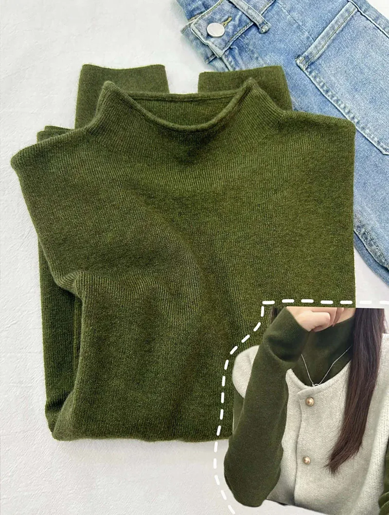 Damen Halbrollkragen-Strickpullover Weicher Slim-Fit Langarm-Unterziehpullover Einfarbig Lässiger Herbst-Winter Basis-Pullover – Detail 18