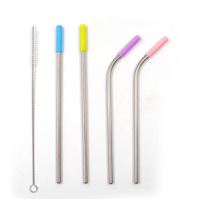 For Daily Reusable Stainless Steel 304 (18/10) Bending Straight Straw Set Metal with Cleaning Brush in Pouch