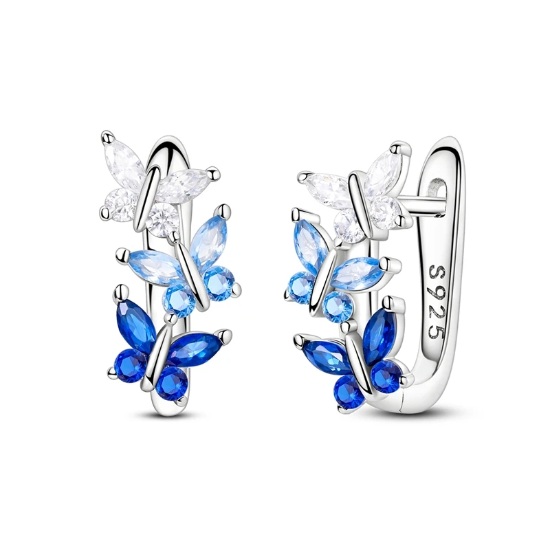 Pendientes de plata de ley 925 con gradiente volador, mariposa azul, pendiente de aro de estilo francés para regalos de joyería de boda y aniversario
