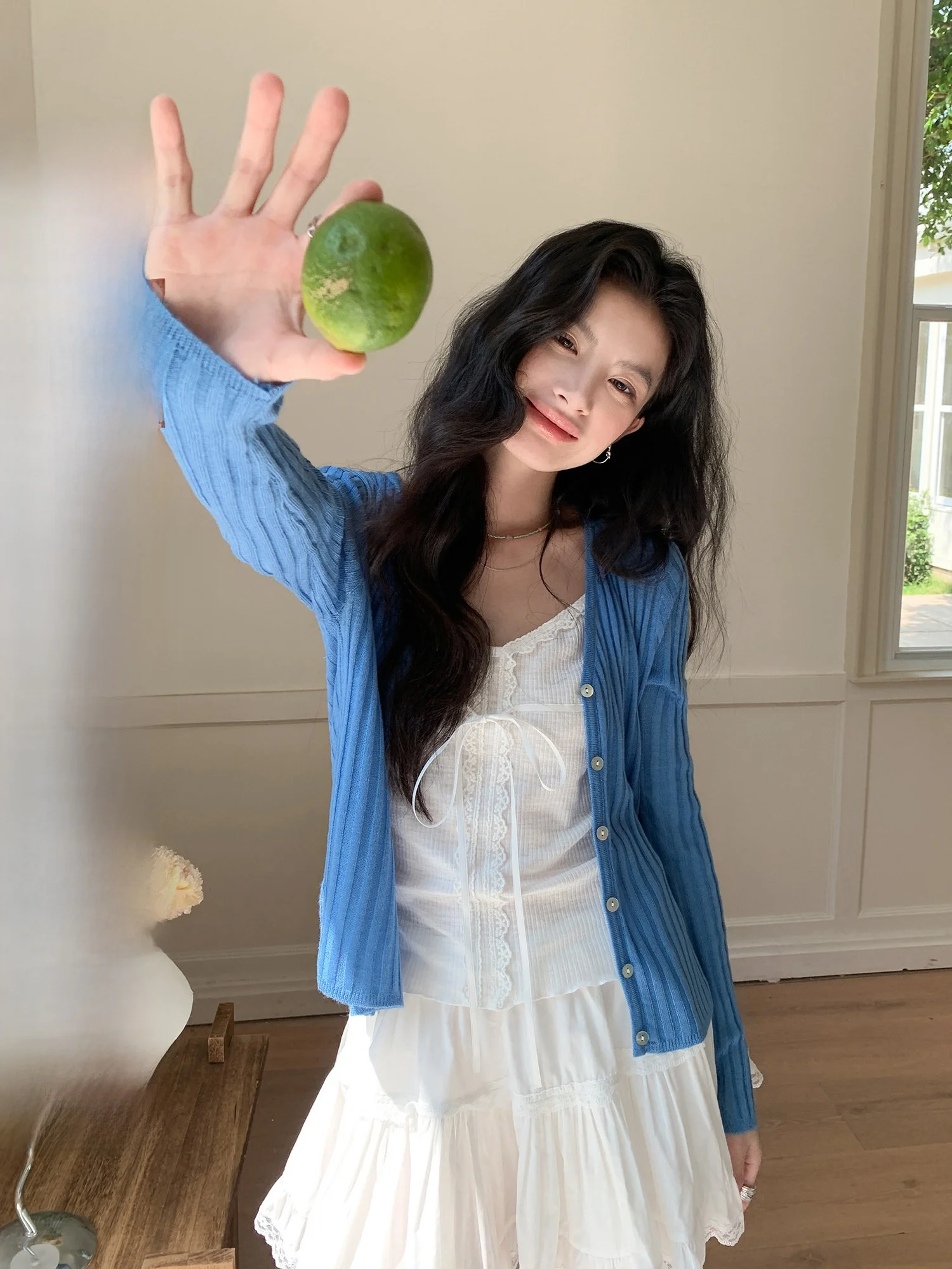 

Blue Thin Knitted Open Cardigan Women's Summer 2026 New Korean Style Beautiful Matching Strap Outerwear Top Loose Fit V Neck ...