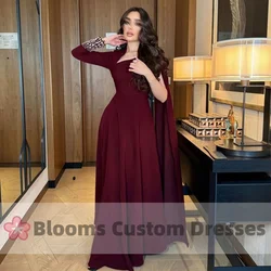 Blooms Dark Burgundy Prom Dress A-line Customized Beaded Long Sleeves Floor-length Formal Occasion Gown Arabia Evening Dresses