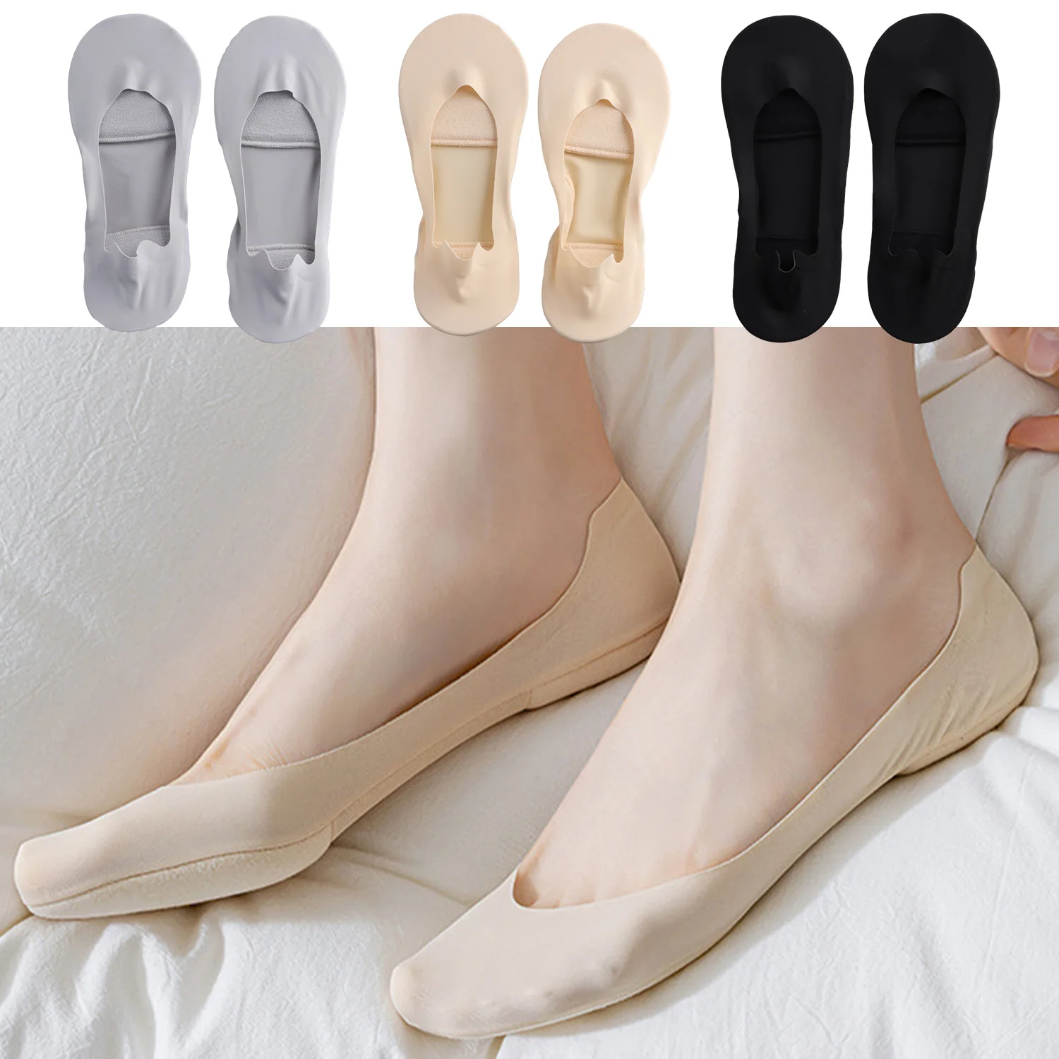 

3 Pairs Invisible Boat Socks Women Girls Summer Thin Breathable Sock Solid Color High Heels Shoes Non-slip Silicone Short Socks