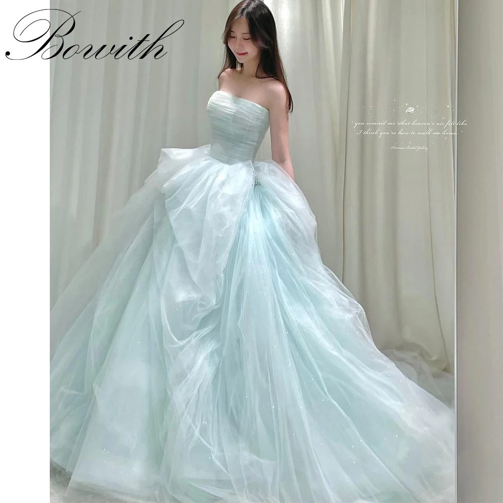 

Bowith Baby Blue Korean Wedding Dresses Customized Strapless Princess A-Line Wedding Ball Gown Soft Tulle Elegant Bridal Dresses