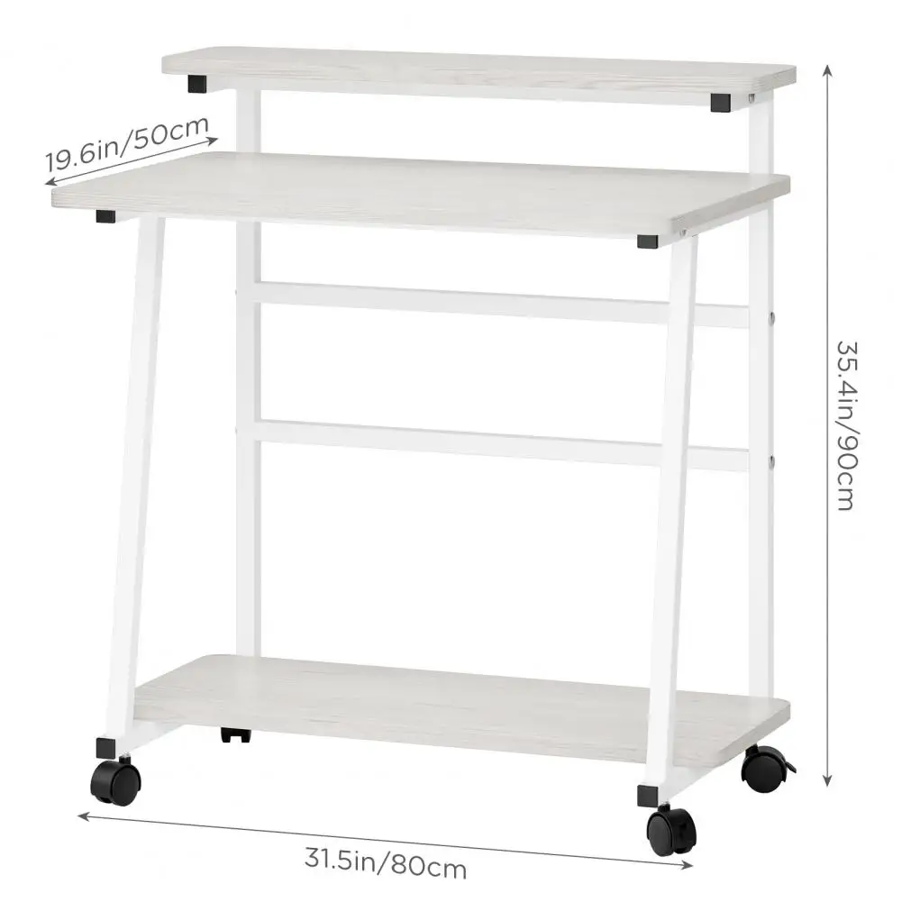 80x50cm Small Rolling Computer Desk, Computer Desk for Small Space, 3-Tiers Work Office Desk with Monitor Stand, Small Student W