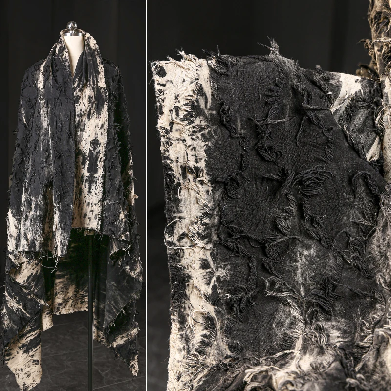 

Ткань из хлопка и льна цвета черно-абрикосовый, с эффектом тай-дай, темным цветочным узором, текстурой кисточек, в стиле ретро, для дизайнерской одежды и рукоделия