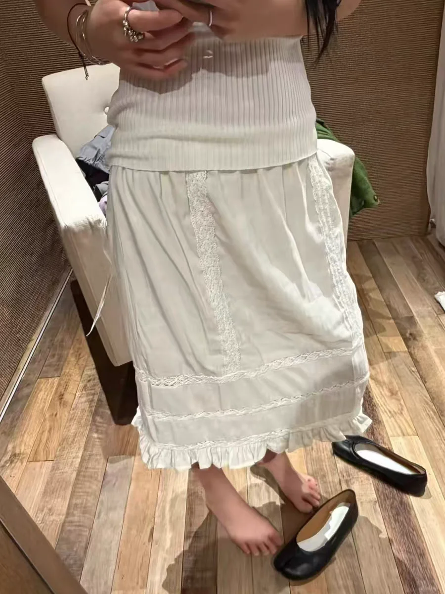 Summer 2026 Dongda Gate High Waist A-Line  Skirt Lace Trimmed Five-Quarter Length Wooden Button Design Women's Skirt