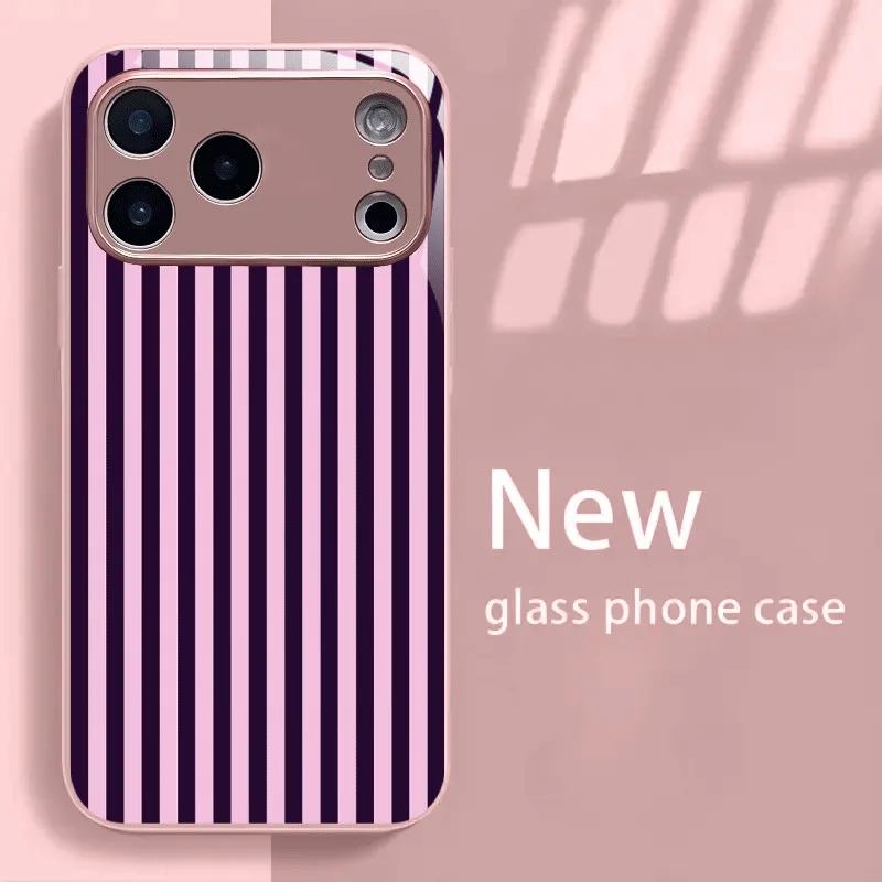 Minimalistisches Vertikalstreifenmuster Metallisches Glas-Handycase für iPhone 18 17 16 15 14 13 12 11 Pro Max 15 Plus 17Air 16E Hülle – Detail 2