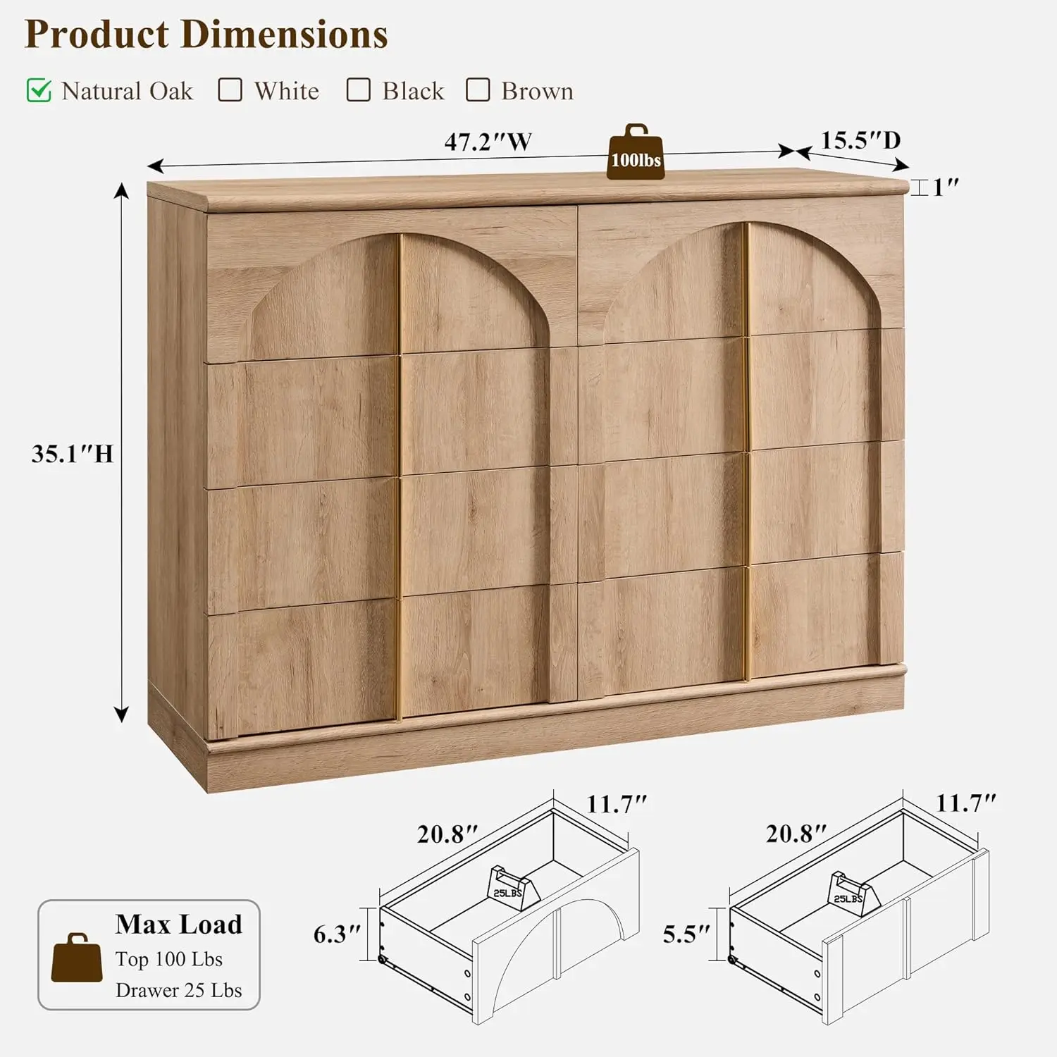 Large Dresser for Bedroom with 8 Drawers with Arched Panel,Modern Minimalist Chest of Drawers with Gold Handles,Natural Oak