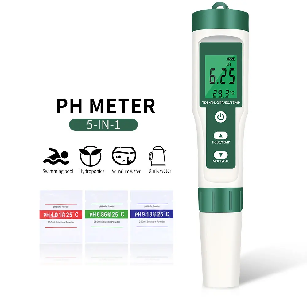 5 in 1 TDS/EC/ORP/Temperature/PH Meter Portable Water Quality Monitor Tester for Pools Drinking Water Aquariums