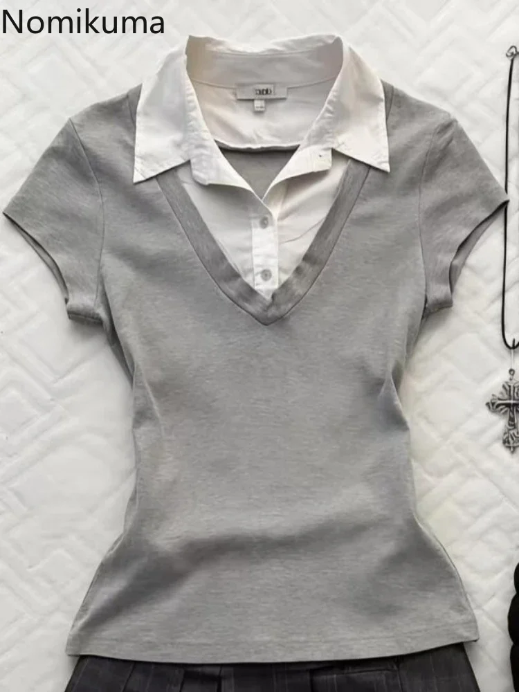 Women's Clothing 2026 Summer T Shirts Fashion Simple Tees Casual Fake Two Tshirts Short Sleeve Patchwork Tunic T-shirt Tops