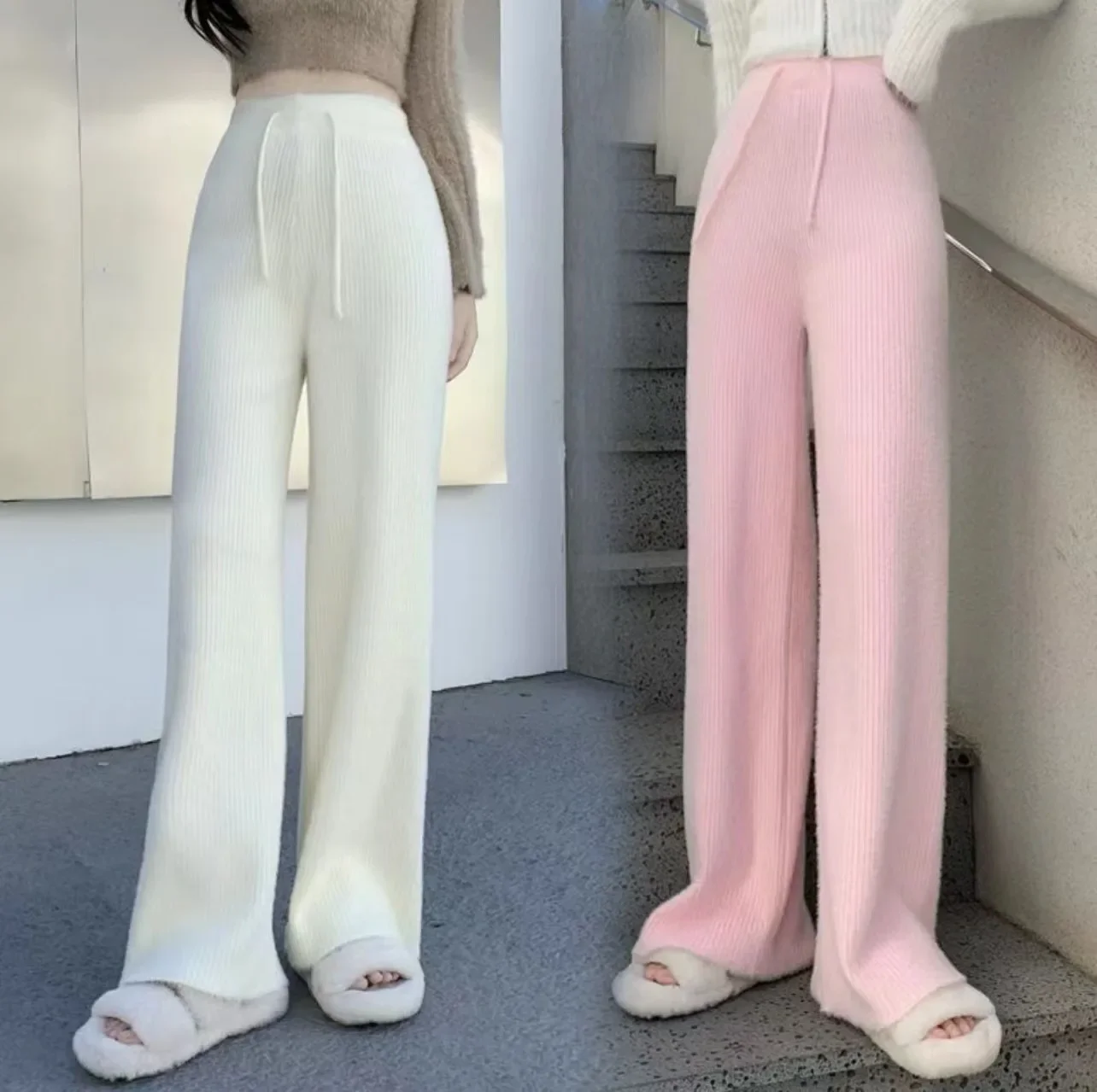 

Mink-like Knit Pants Winter Thickened Women's Pants High-waisted Slouchy Floor-length Pants Casual Wide Leg Tide