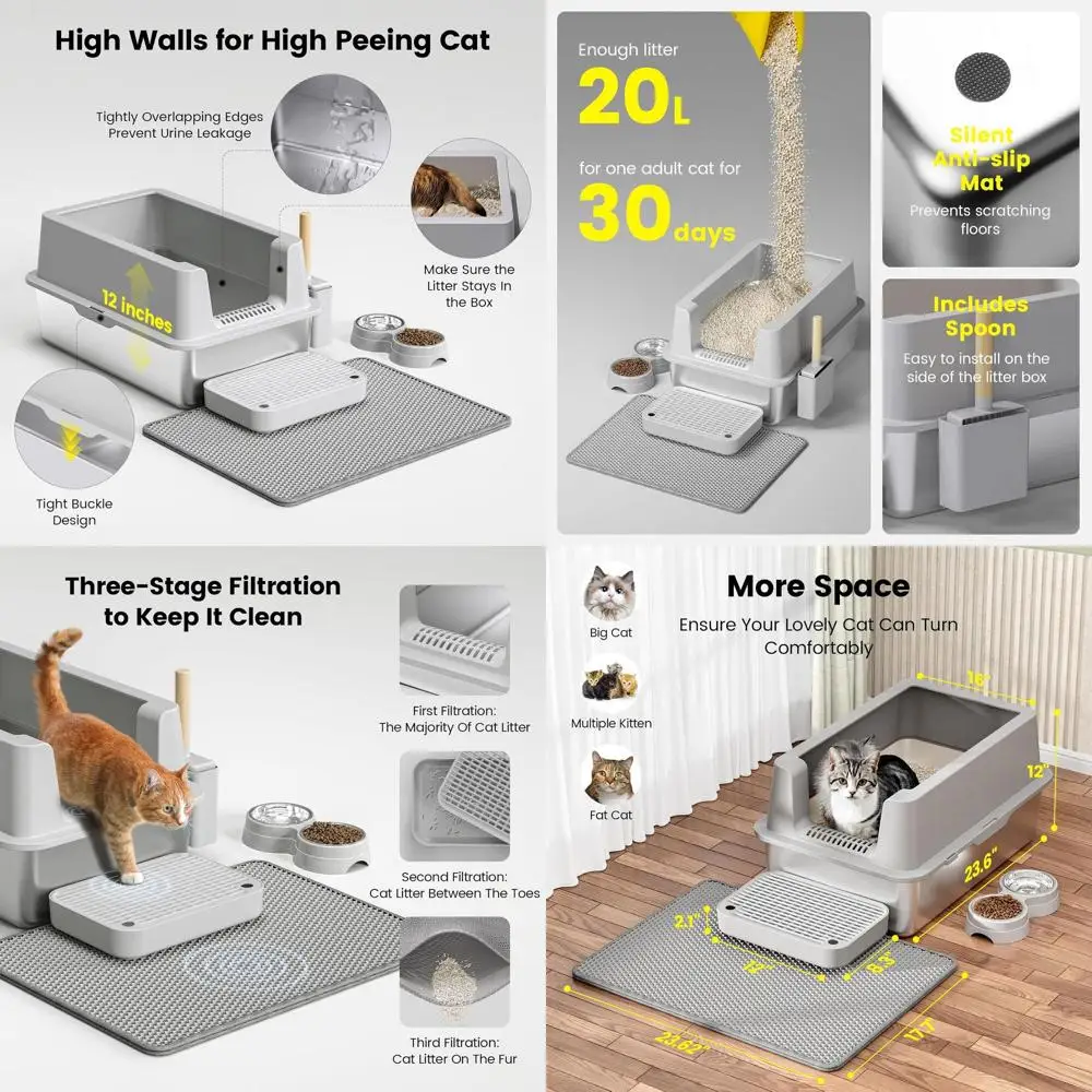 

Large Enclosed Metal Cat Litter Box with Lid for Big Cats - High-Sided, Leak-Proof, Easy to Clean, Non-Stick, Litter Mat, Cat Bo