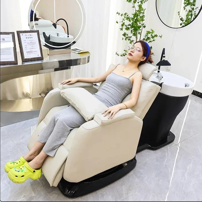 Silla de champú de masaje giratoria de elevación eléctrica, sillas profesionales de lavabo de agua para lavado de peluquería, Cama Abatible Hair Spa