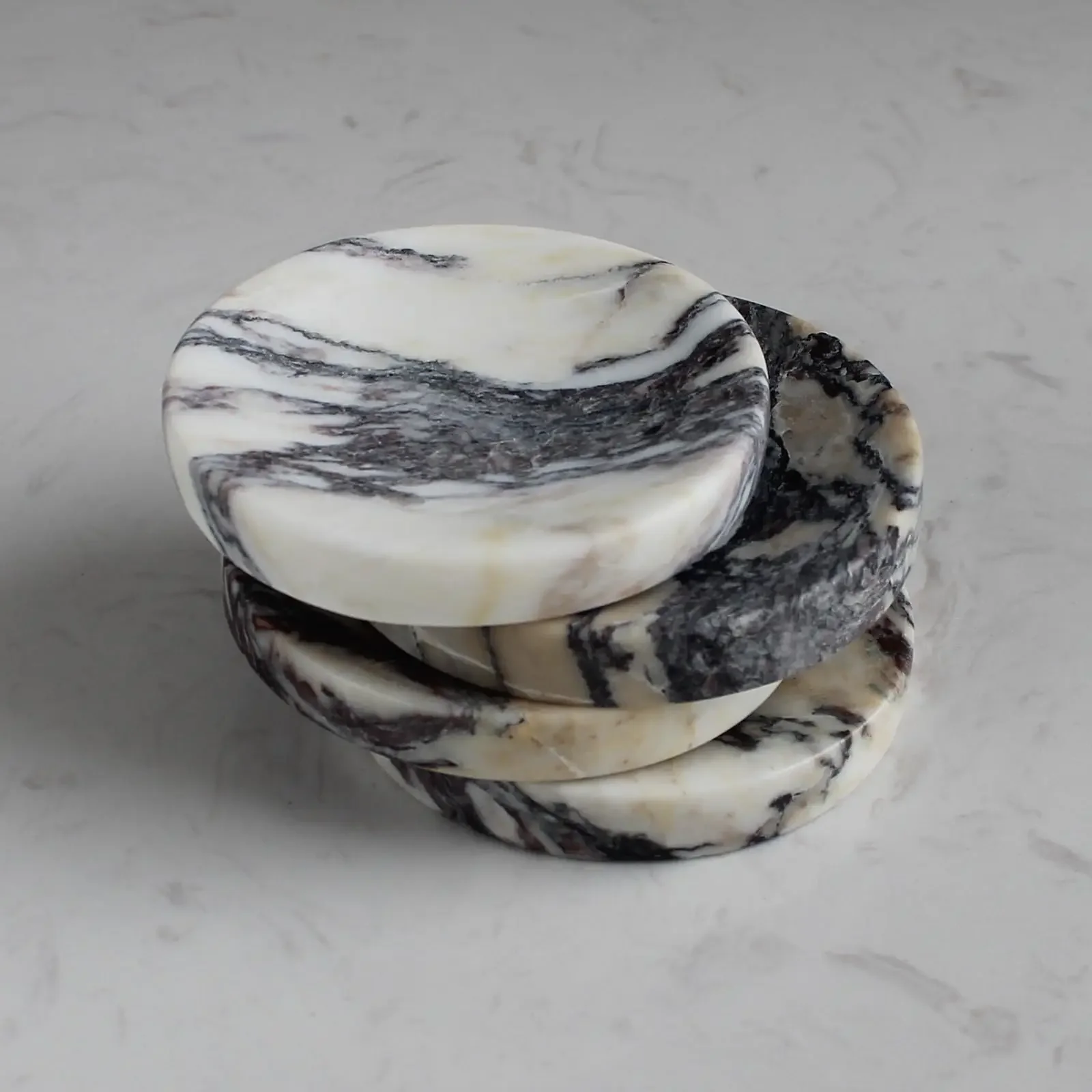 1pc Natural Stone Crafts Italian Calacatta Viola Marble Soap Dish Round Small Jewelry Trinkets Tray Sponge Holder for Bathroom