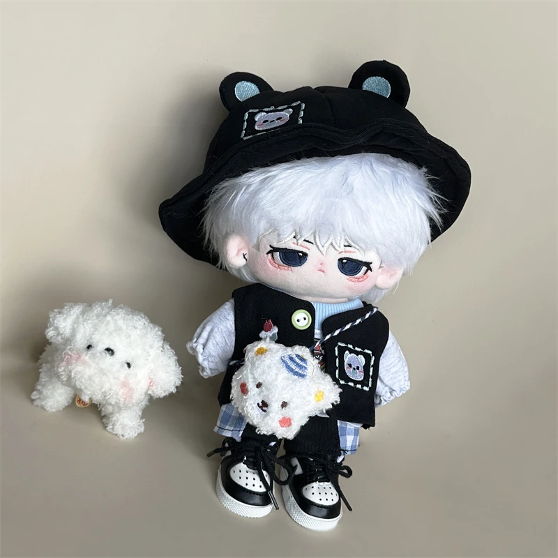 20 cm Plüsch Puppe Kleidung Coole Hübsche Bär Ohr Hut Schwarze Weste T-shirt Grid Spleißen Hosen Schuhe Set Plüsch Puppe zubehör Spielzeug