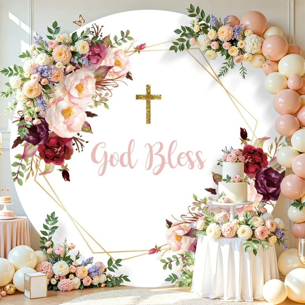 My First Holy Communion Round Backdrops Cover Custom Name Newborn Baptism Baby Shower God Bless Photo Background Props Decor