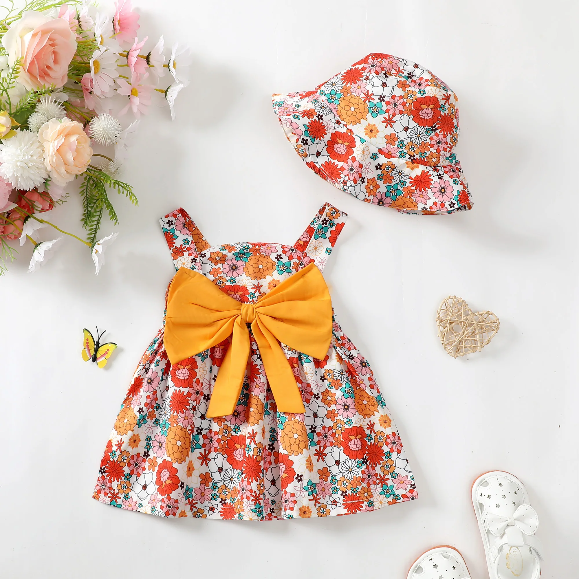 4 Color /2PCS Dress Clothes Set Baby Girl Flower Sleeveless Dress with Bow+Hat Summer Fashion Cute Wear for Toddlers Age 0-3