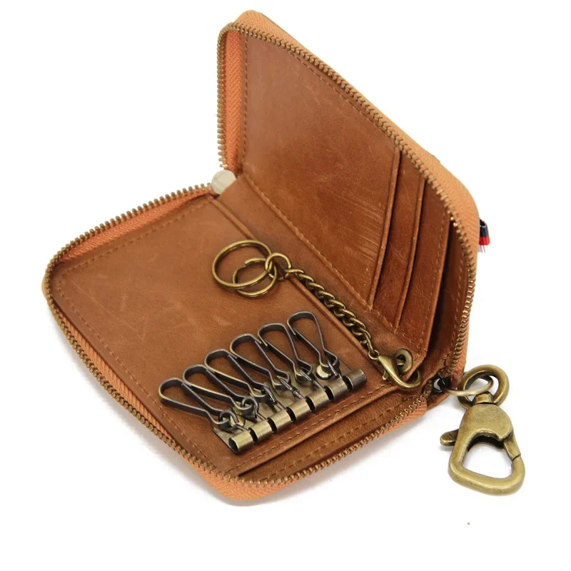 多機能オイルワックスキーホルダー,牛革革の盗難防止IDカードホルダー