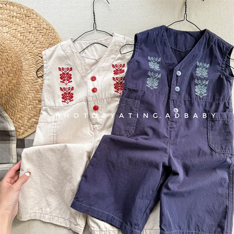 

2025 Autumn New Children Loose Overalls Fashion Girls Flower Embroidery Strap Trousers Baby Cotton Jumpsuits Kids Casual Pants