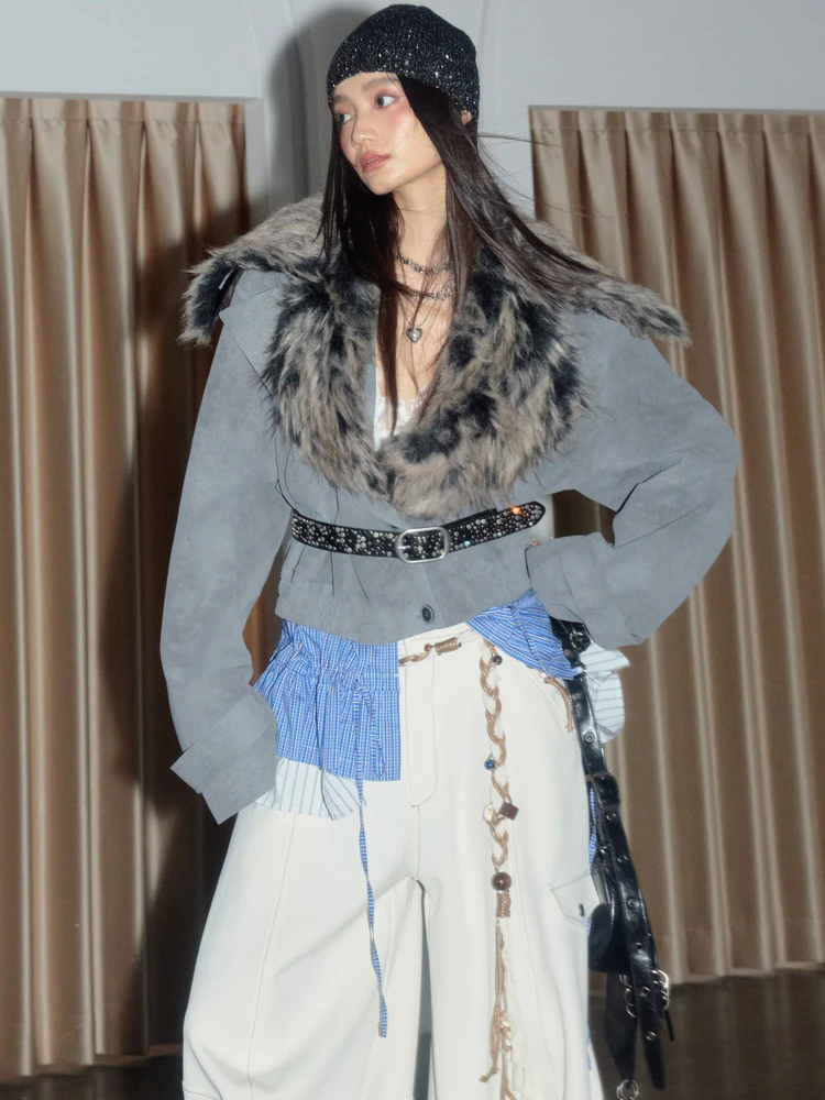 

JNYLON25AW Женская хлопковая куртка свободного покроя из искусственной кожи со съемным подолом и меховым воротником из матовой кожи