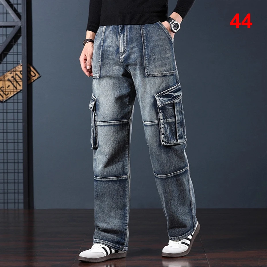 44 Plus Size Jeans Men Multi-pocket Cargo Denim Pants Fashion Casual Baggy Jeans Straight Pants Big Size
