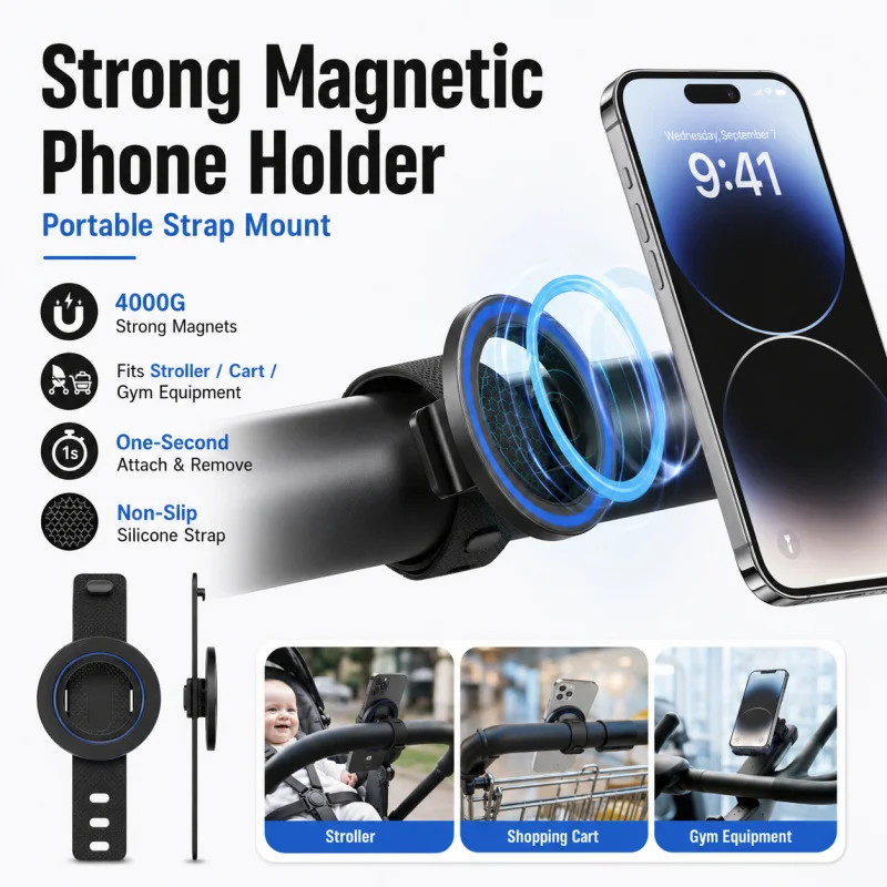 

Magnetic Phone Holder Strap, Portable Hands-Free Arm Band Mount for Shopping Cart Gym Bike Stroller and Daily Use