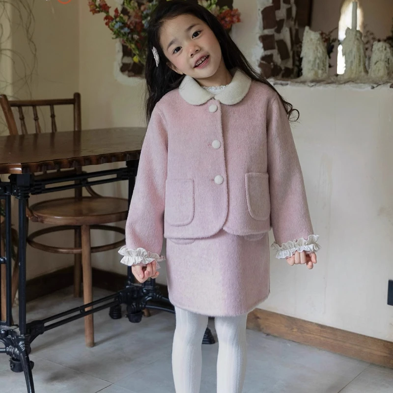 Ins Handmade Velvet Lace Powder Set Wool Coat Original Design Winter Fashion Small Fragrance Peach Powder New Year's Clothing