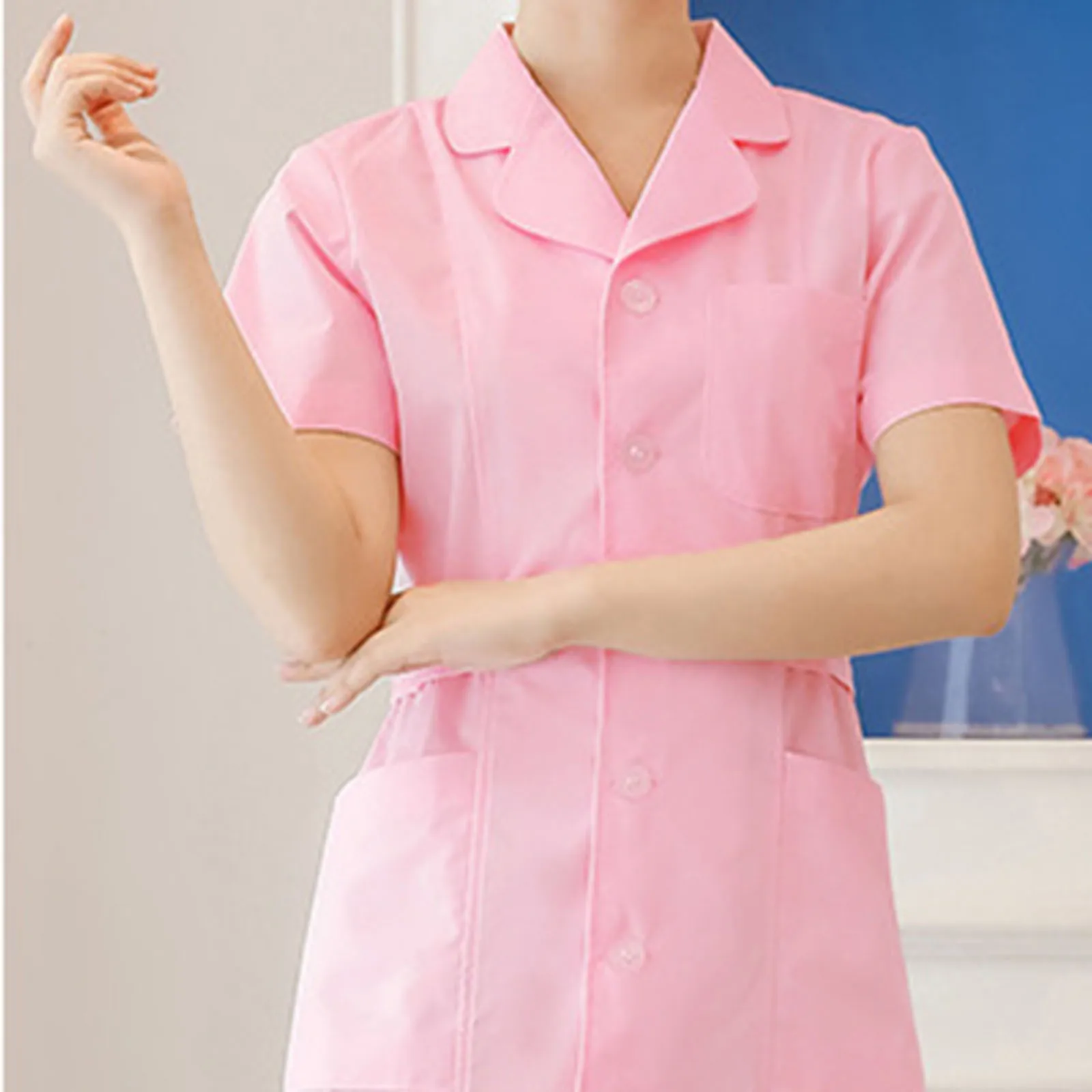 Abito uniforme da donna con risvolto e scollo a V, manica corta, tinta unita, bottoni casual, morbido e confortevole, abbigliamento da lavoro traspirante