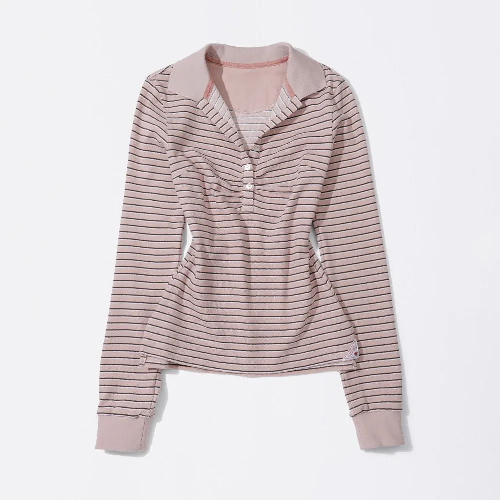 

Striped Turn-down Collar Slim Fit Long Sleeved Base Shirt Casual Slimming Top T-shirt for Women's Fashion Tee