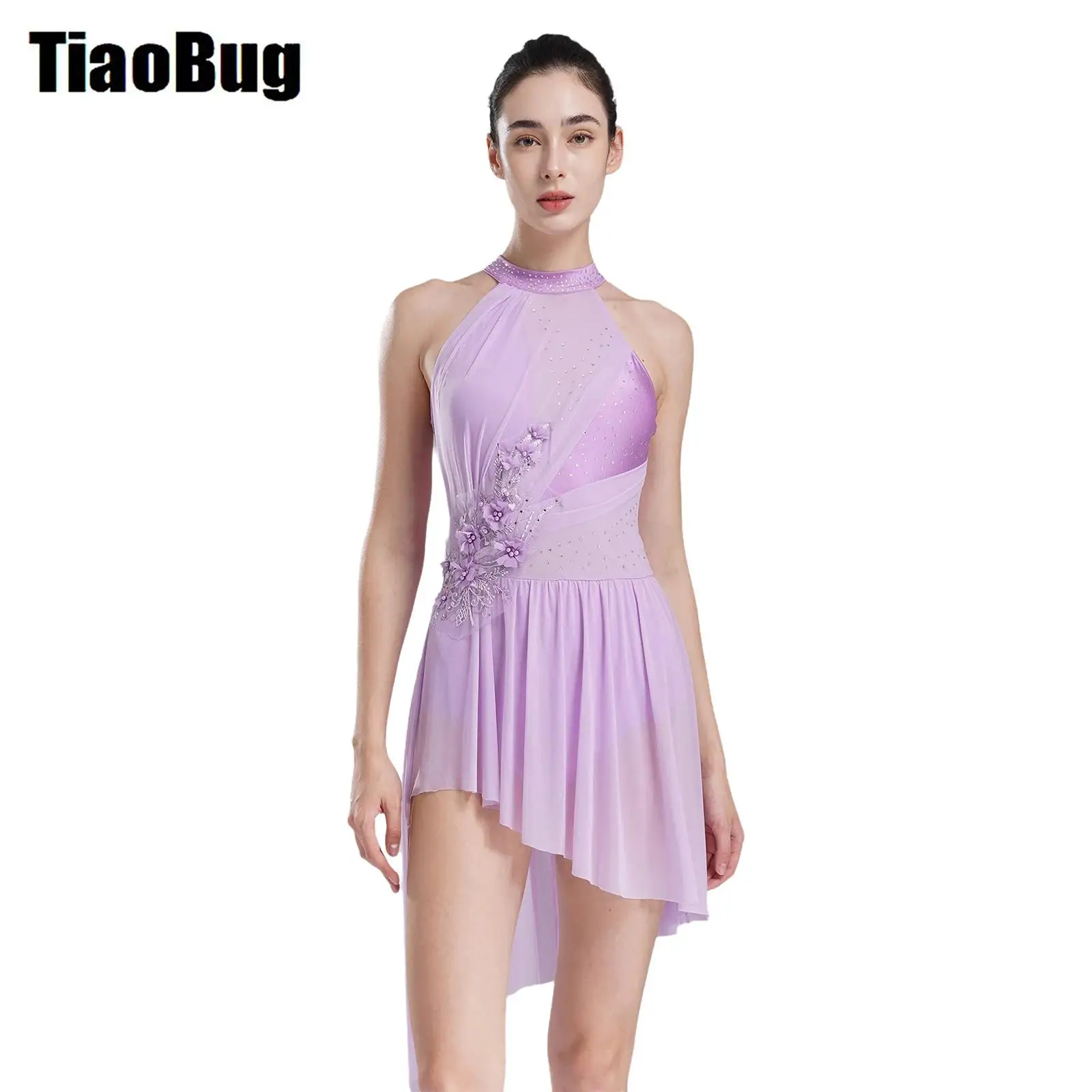 

Womens Lyrical Dance Dresses Halter Asymmetrical Hem Shiny Rhinestones Leotard Dress for Stage Performance Competition