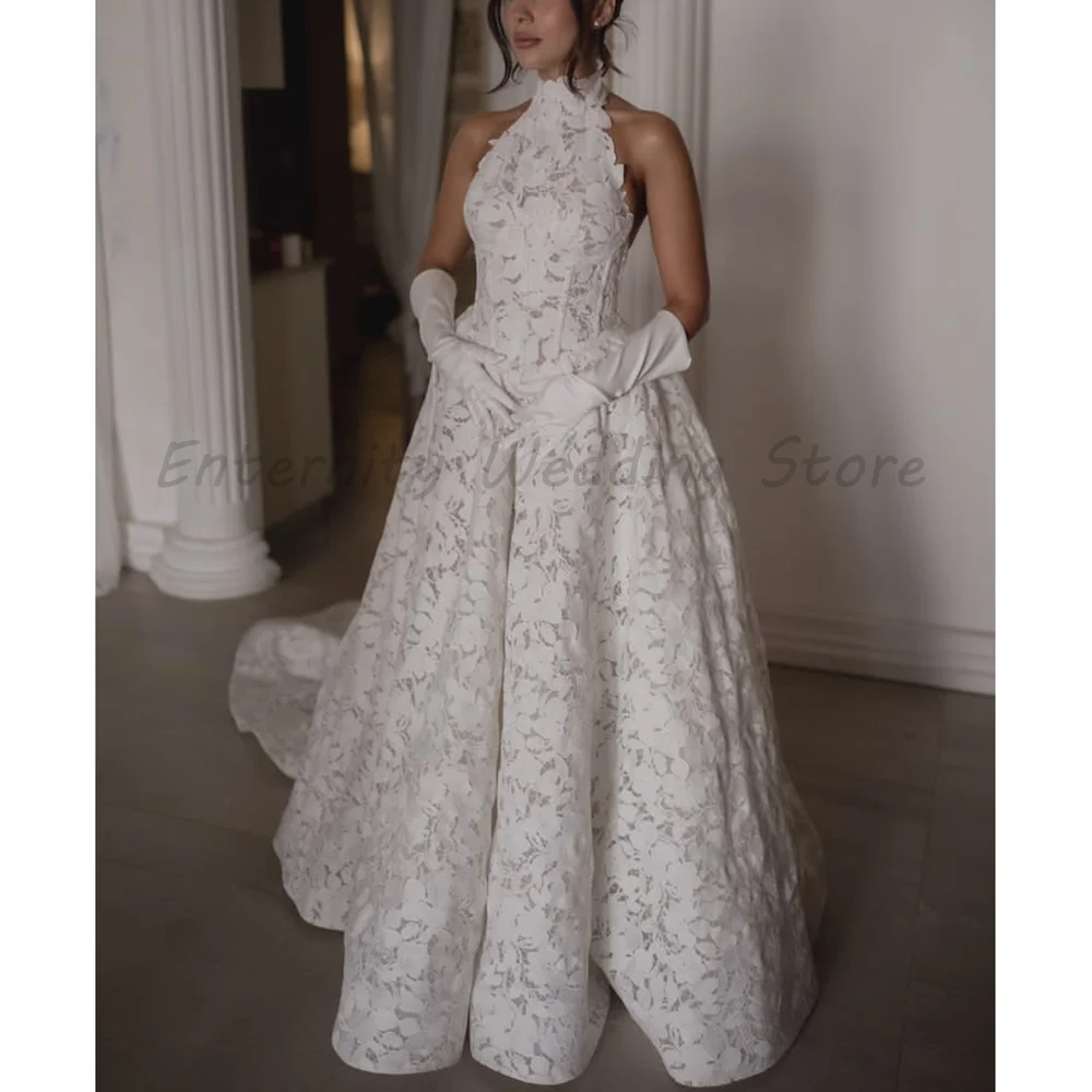White Lace Ballgown Wedding Dress High Halter Neck Sleeveless Corset Bodice Princess Floor Length Bridal Gown