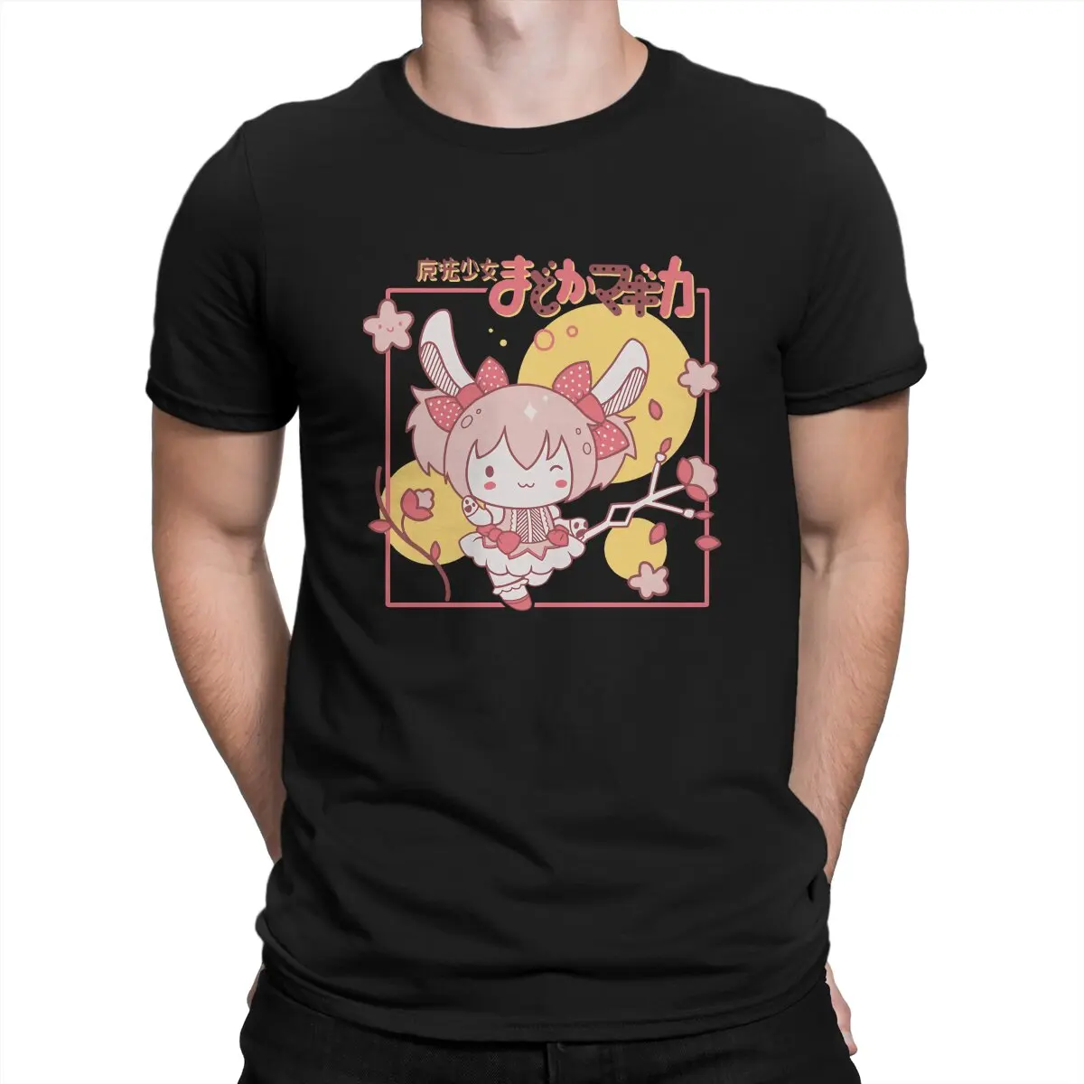 Vintage Bunny Madoka Classic T-Shirts Men Round Collar Cotton T Shirt Puella Magi Madoka Magica Anime Short Sleeve Tees Gift