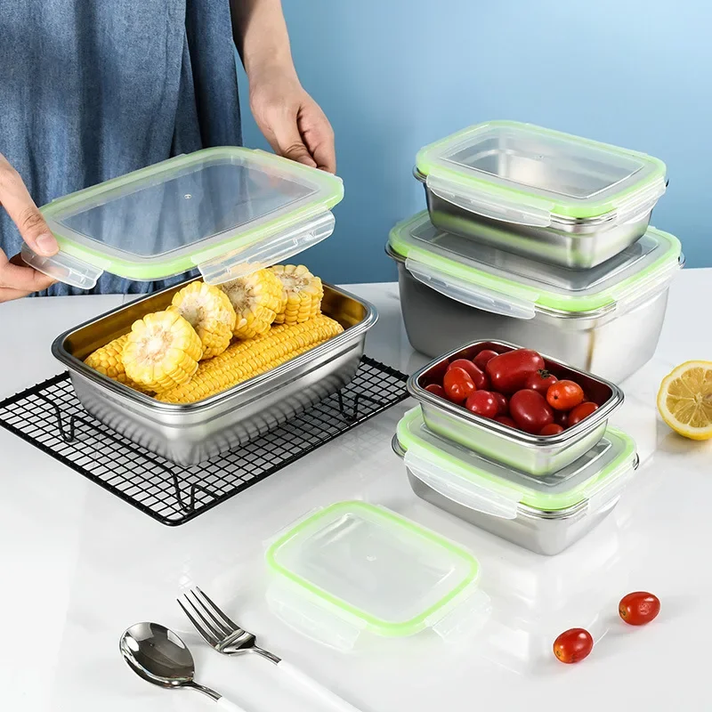304 Stainless Steel Lunch Box with Lid Fresh-keeping Box Sealed Fruit LeakProof Container Bento Refrigerated Storage Kitchenware