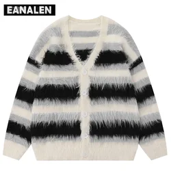 Harajuku Black and White Striped Knitted Cardigan Men's Vintage Korean Style Oversized Designer Striped Grandpa Sweater Women's