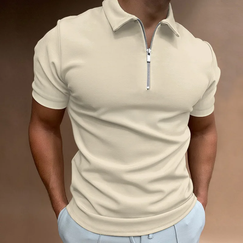 Summer men\'s fashion casual solid color zip-up POLO shirt slim short sleeve lapel T-shirt fitted top